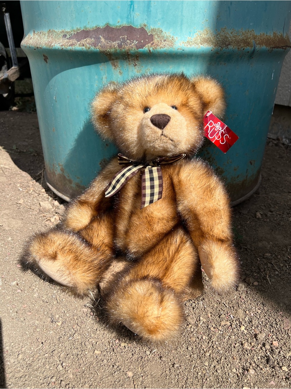 Russ Berrie Golden Brown Plush Teddy with Plaid Bow